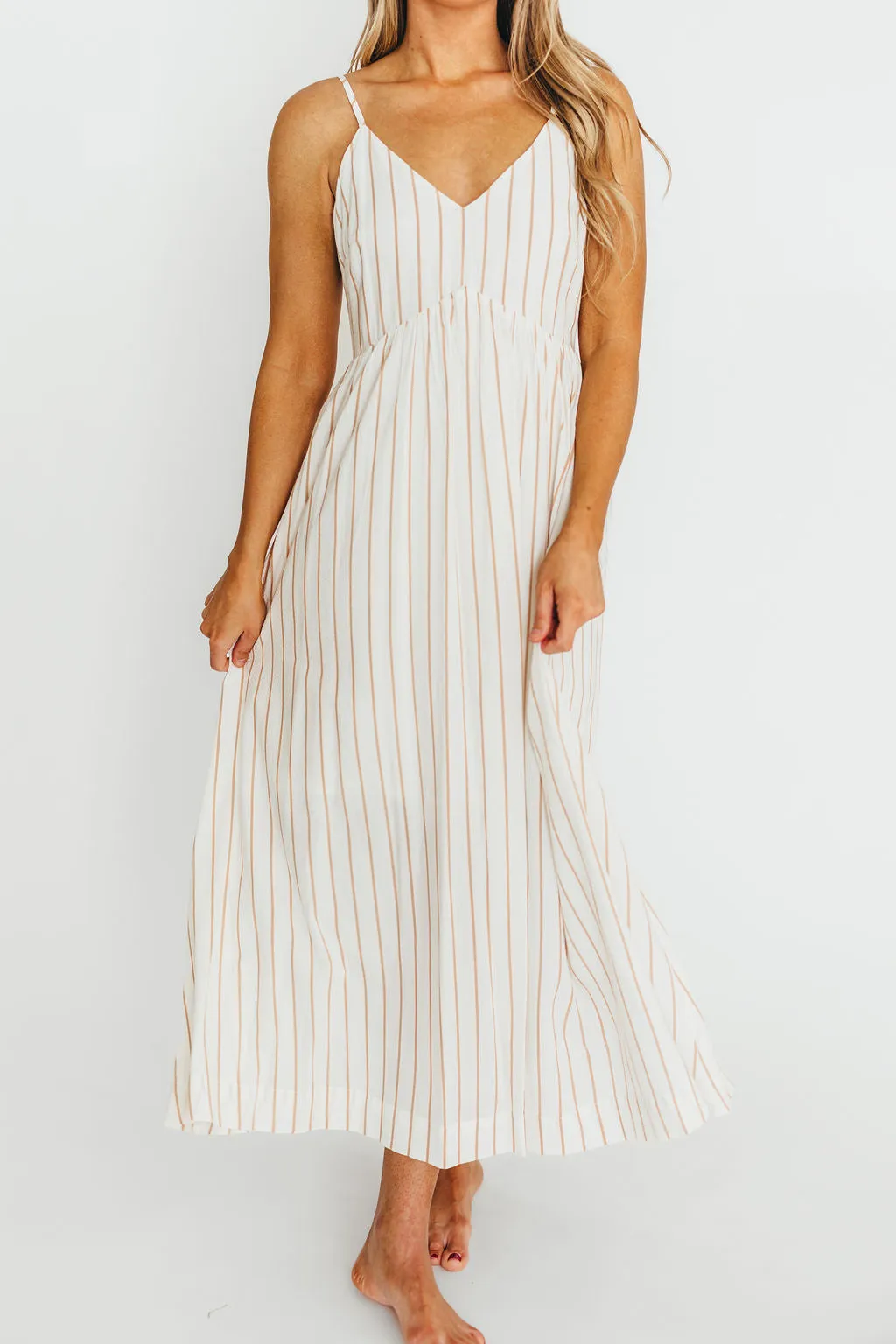 Genesis Stripe Midi Dress in White/Taupe