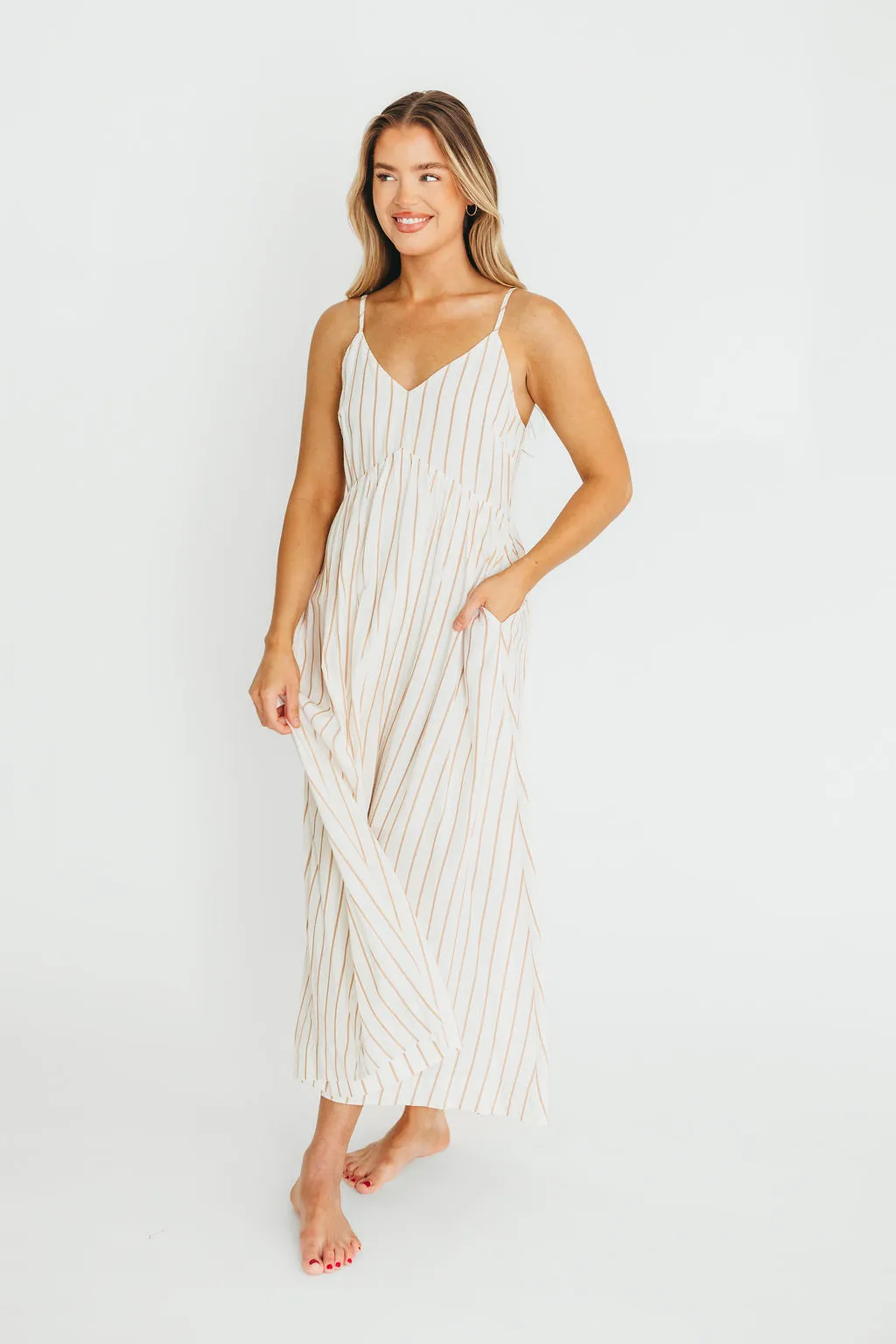 Genesis Stripe Midi Dress in White/Taupe