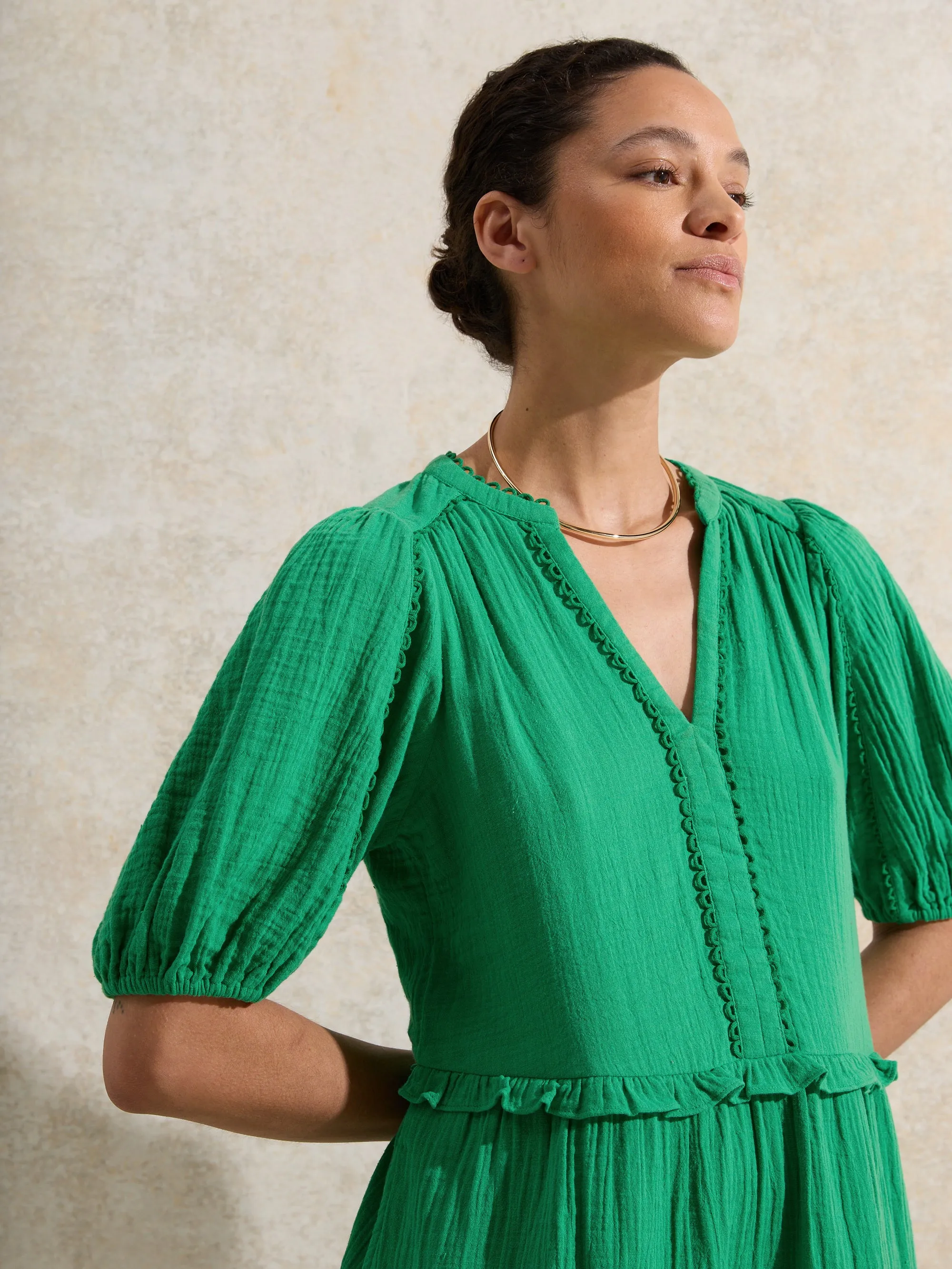 Green Frill-Detail Cheesecloth Mini Dress