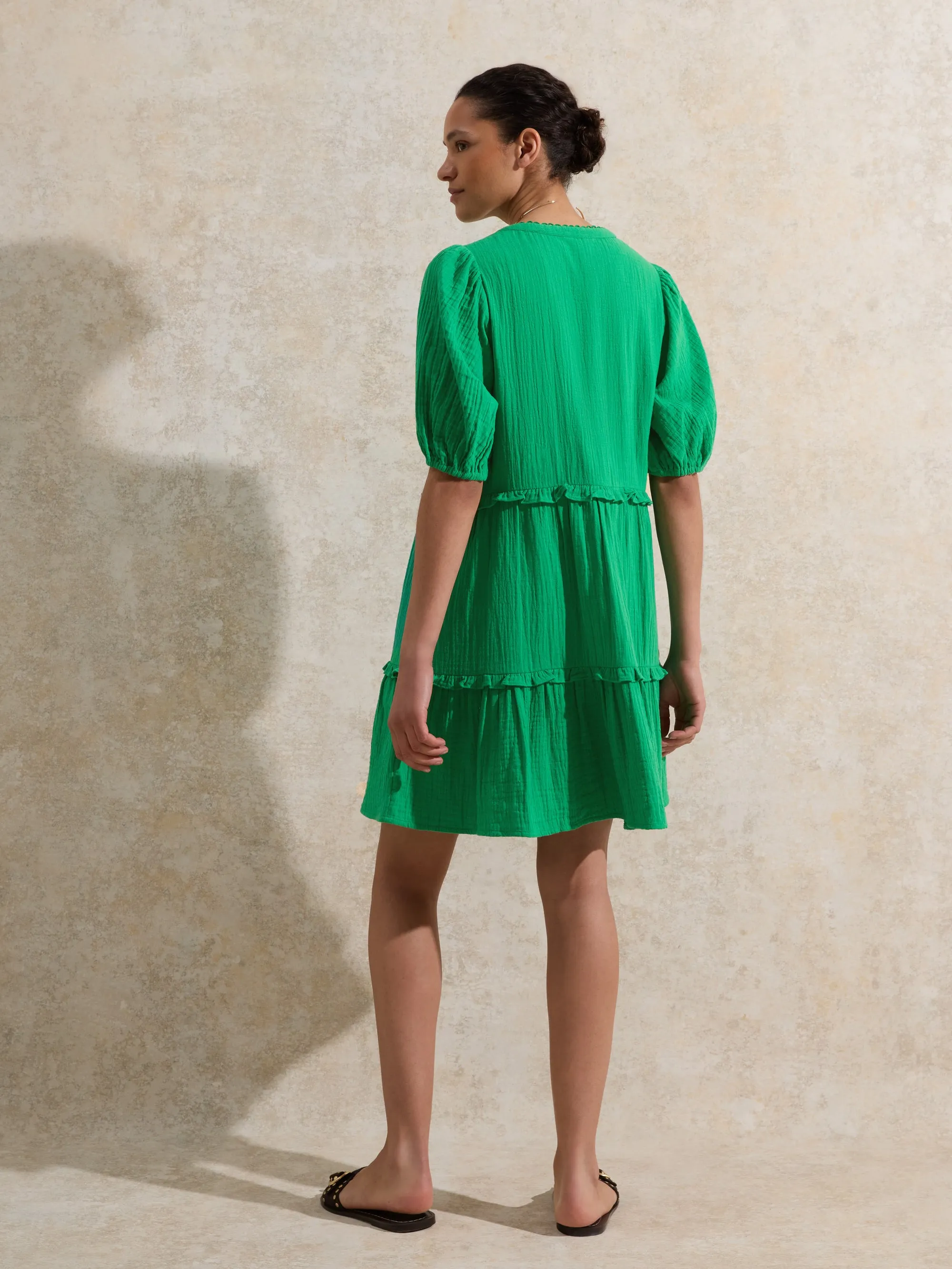 Green Frill-Detail Cheesecloth Mini Dress