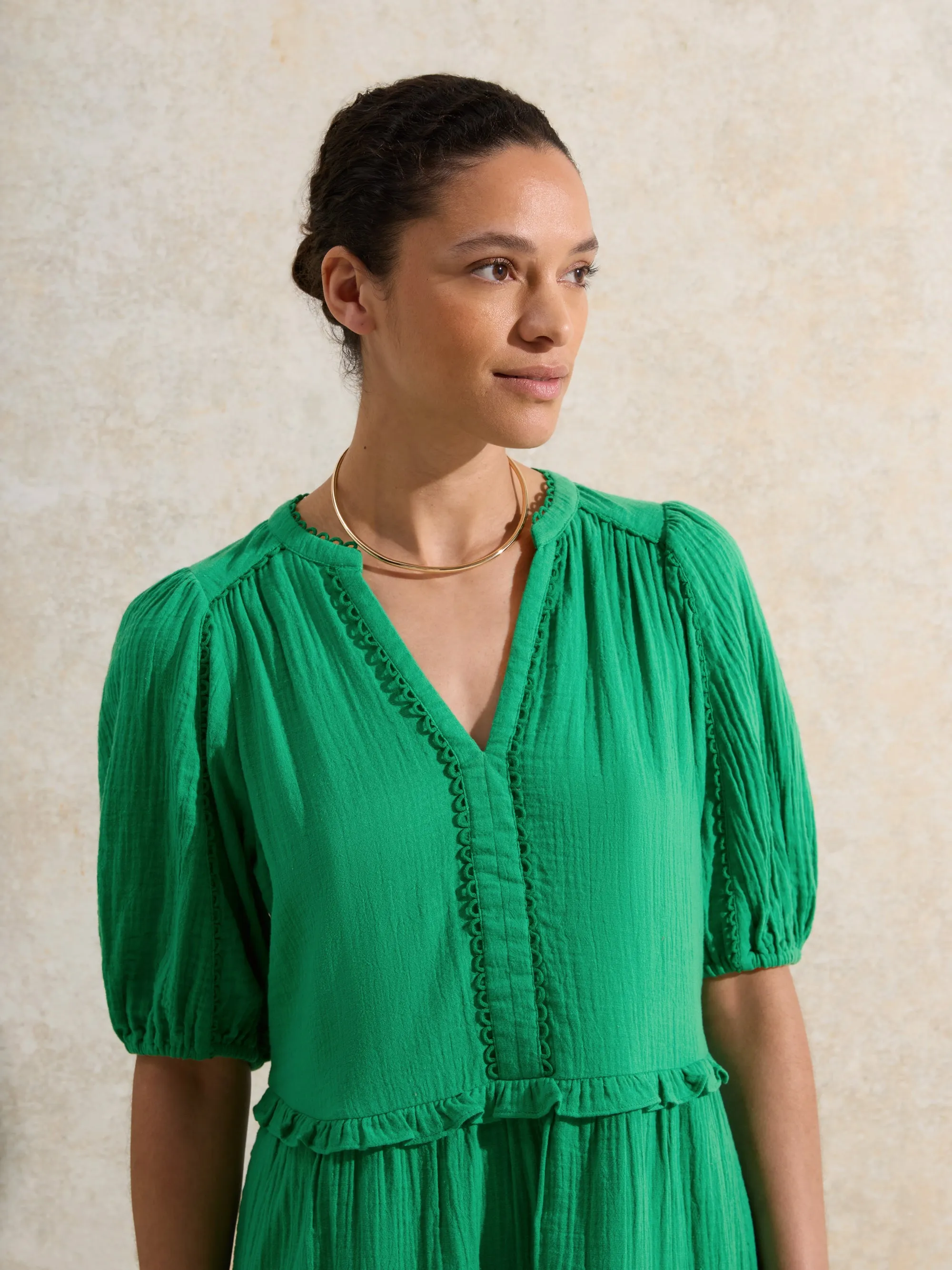 Green Frill-Detail Cheesecloth Mini Dress