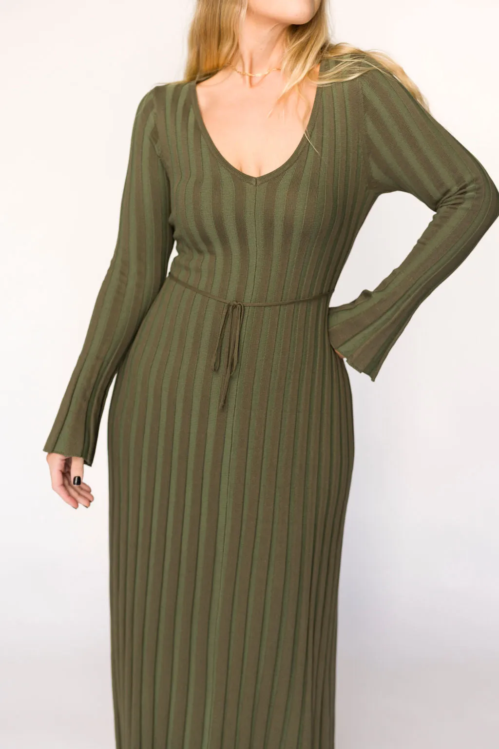 Hadley Long Sleeve V-Neck Knit Maxi Dress in Olive- Bump Friendly