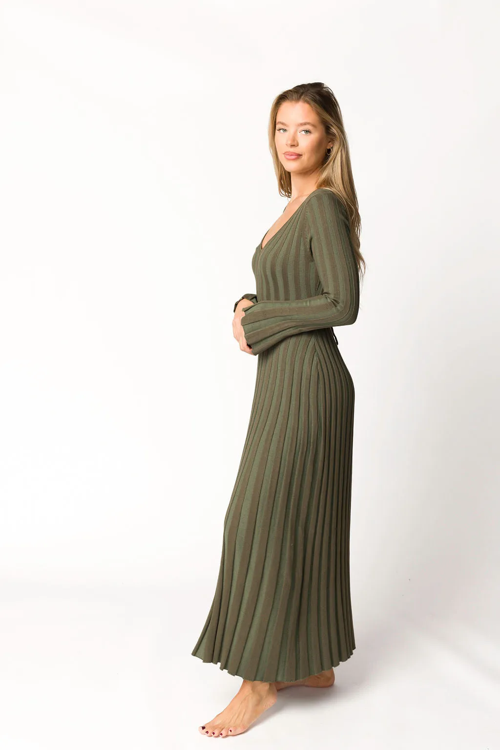 Hadley Long Sleeve V-Neck Knit Maxi Dress in Olive- Bump Friendly