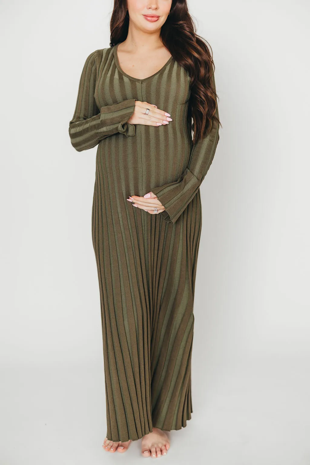 Hadley Long Sleeve V-Neck Knit Maxi Dress in Olive- Bump Friendly