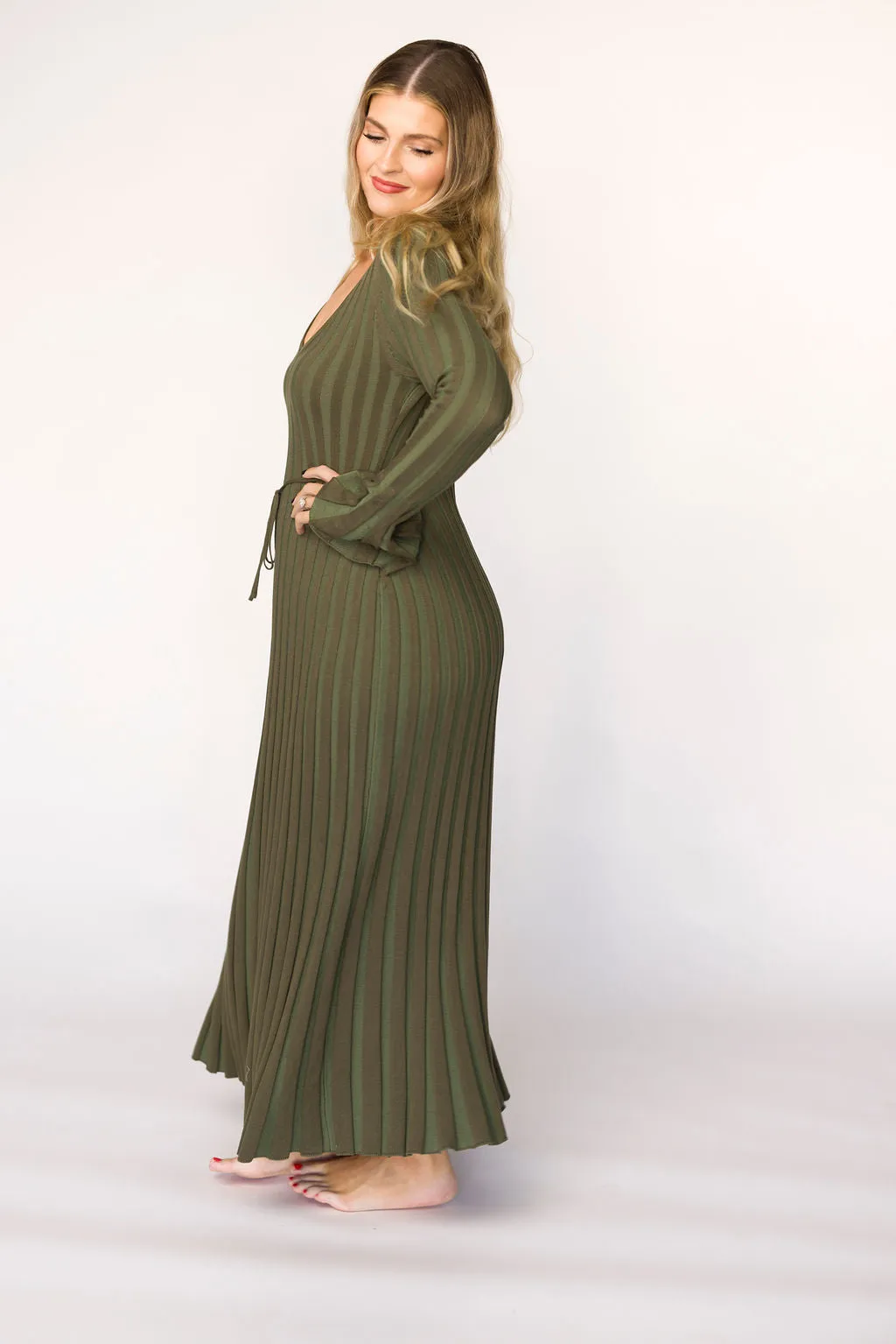Hadley Long Sleeve V-Neck Knit Maxi Dress in Olive- Bump Friendly