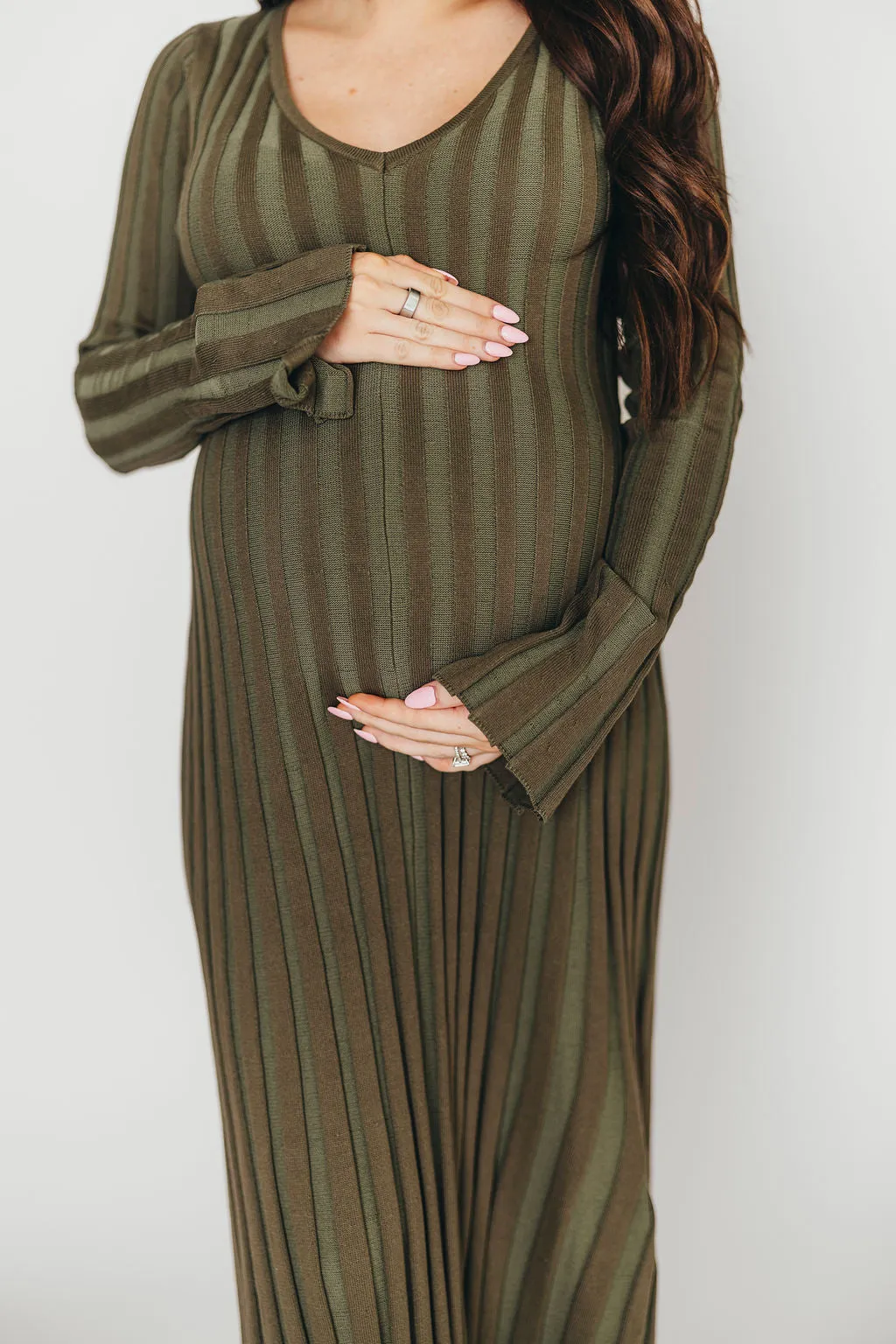 Hadley Long Sleeve V-Neck Knit Maxi Dress in Olive- Bump Friendly
