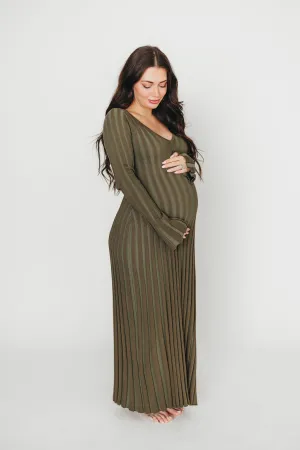 Hadley Long Sleeve V-Neck Knit Maxi Dress in Olive- Bump Friendly
