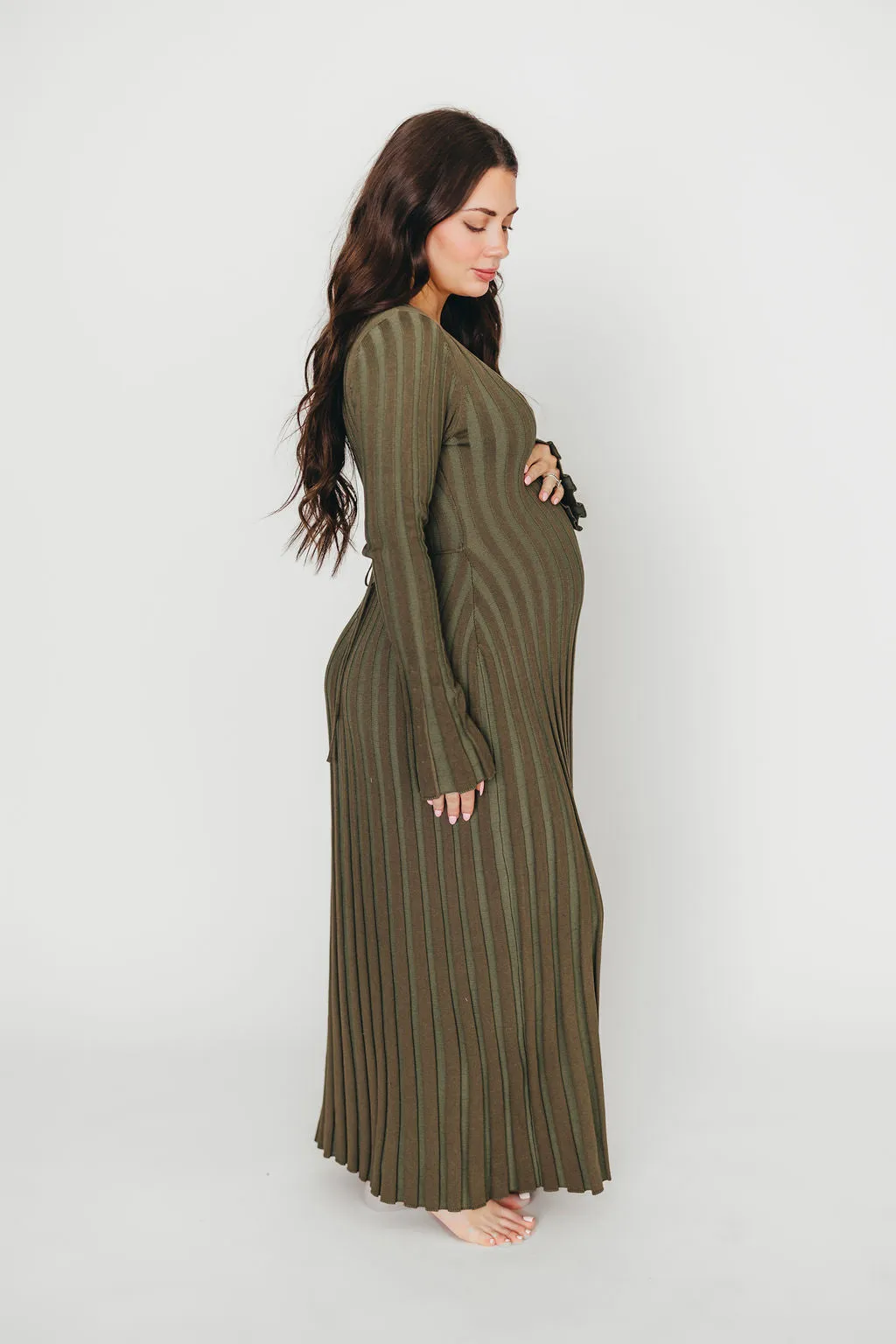 Hadley Long Sleeve V-Neck Knit Maxi Dress in Olive- Bump Friendly
