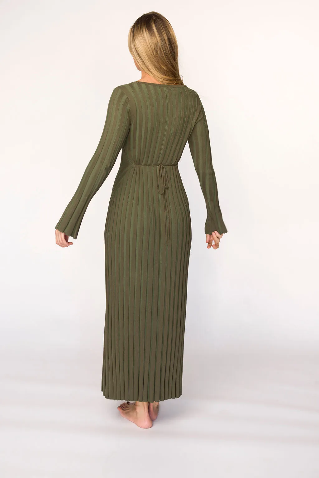 Hadley Long Sleeve V-Neck Knit Maxi Dress in Olive- Bump Friendly