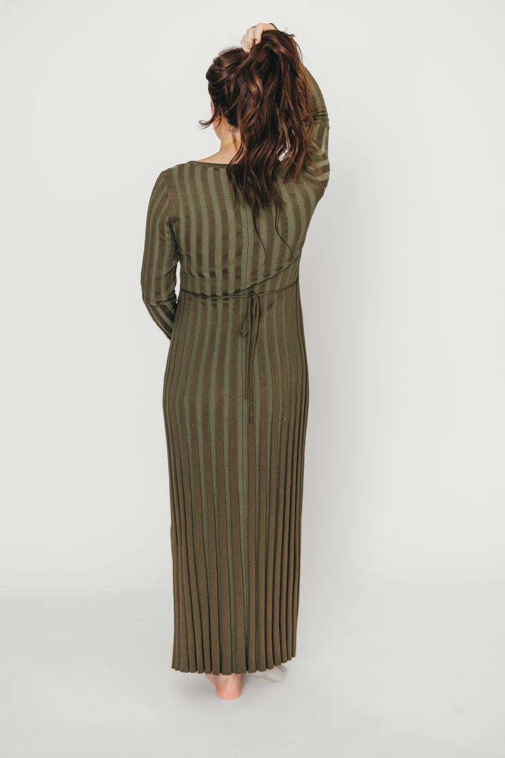 Hadley Long Sleeve V-Neck Knit Maxi Dress in Olive- Bump Friendly