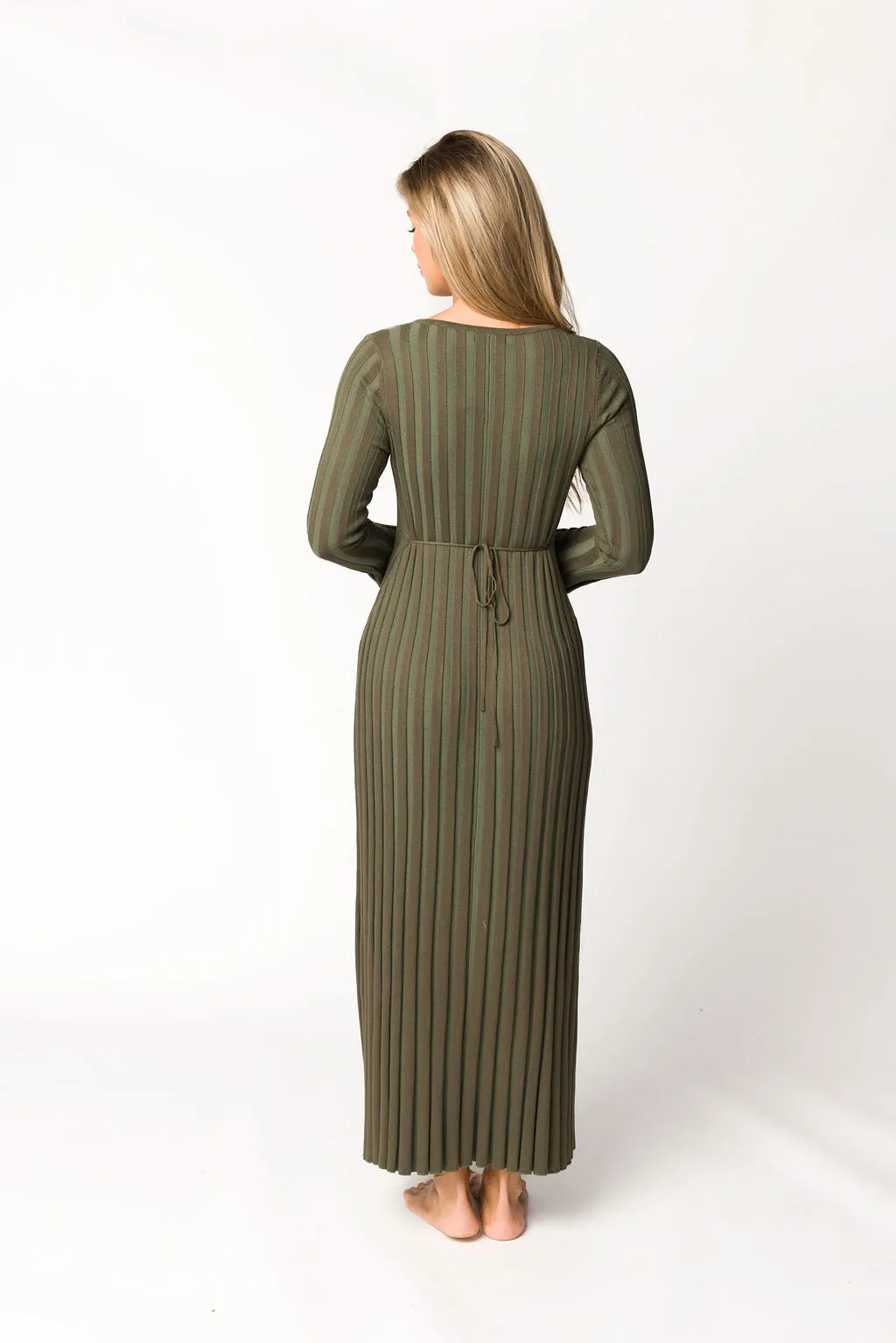 Hadley Long Sleeve V-Neck Knit Maxi Dress in Olive- Bump Friendly