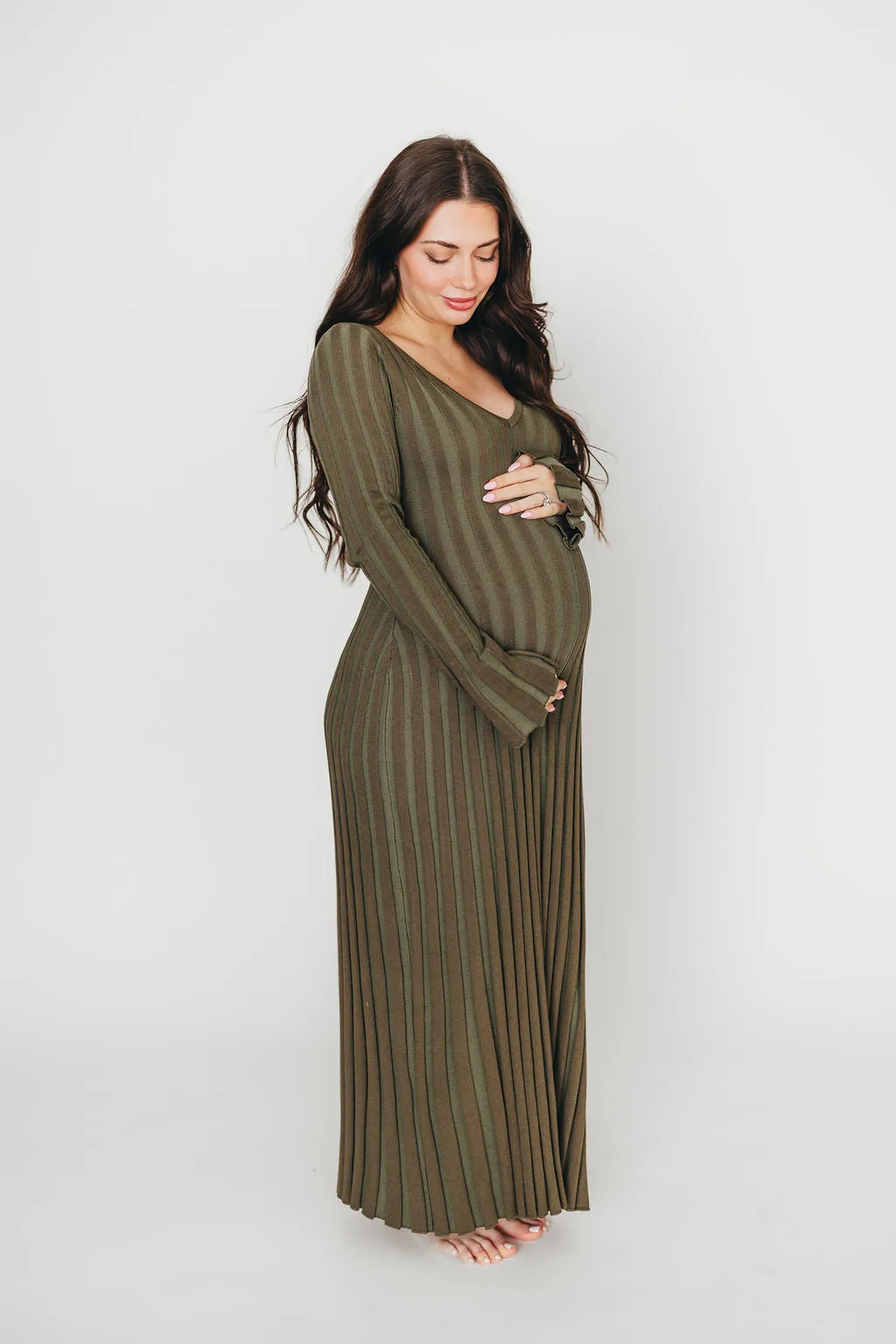 Hadley Long Sleeve V-Neck Knit Maxi Dress in Olive- Bump Friendly