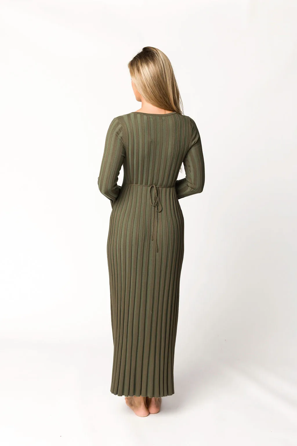 Hadley Long Sleeve V-Neck Knit Maxi Dress in Olive- Bump Friendly