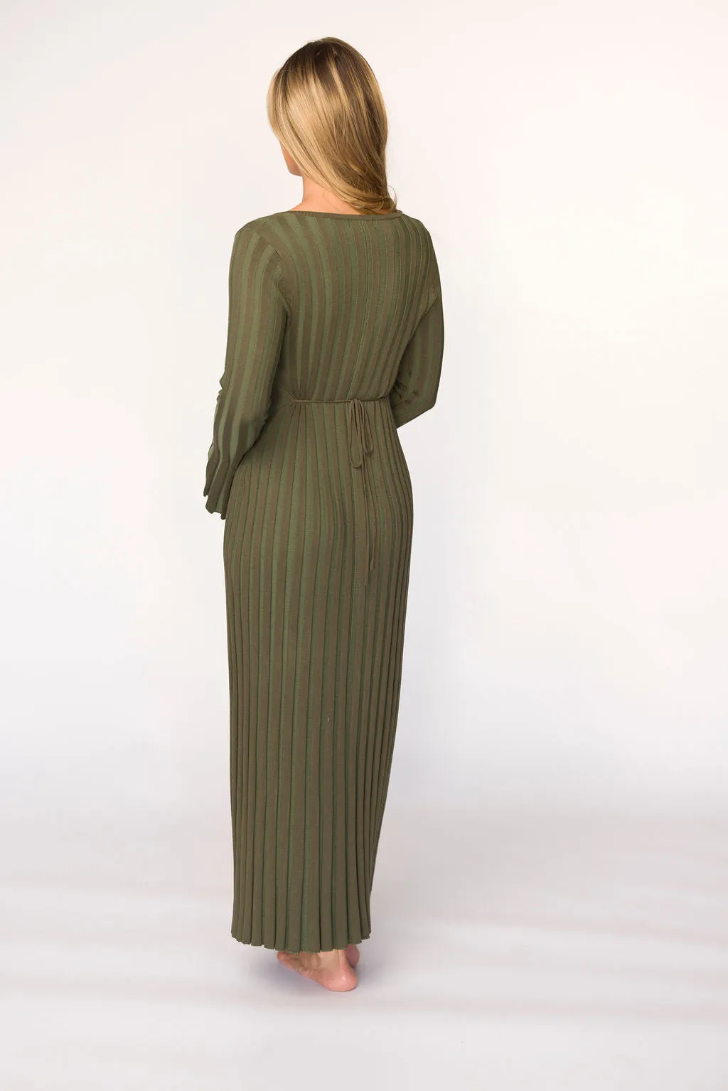 Hadley Long Sleeve V-Neck Knit Maxi Dress in Olive- Bump Friendly