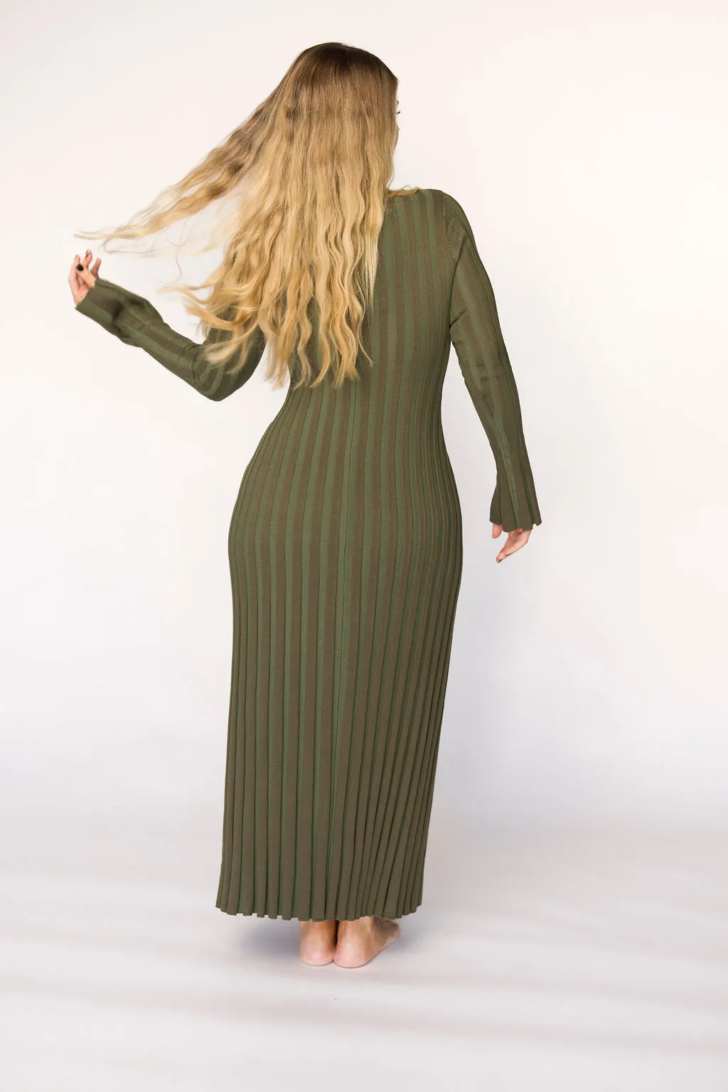 Hadley Long Sleeve V-Neck Knit Maxi Dress in Olive- Bump Friendly