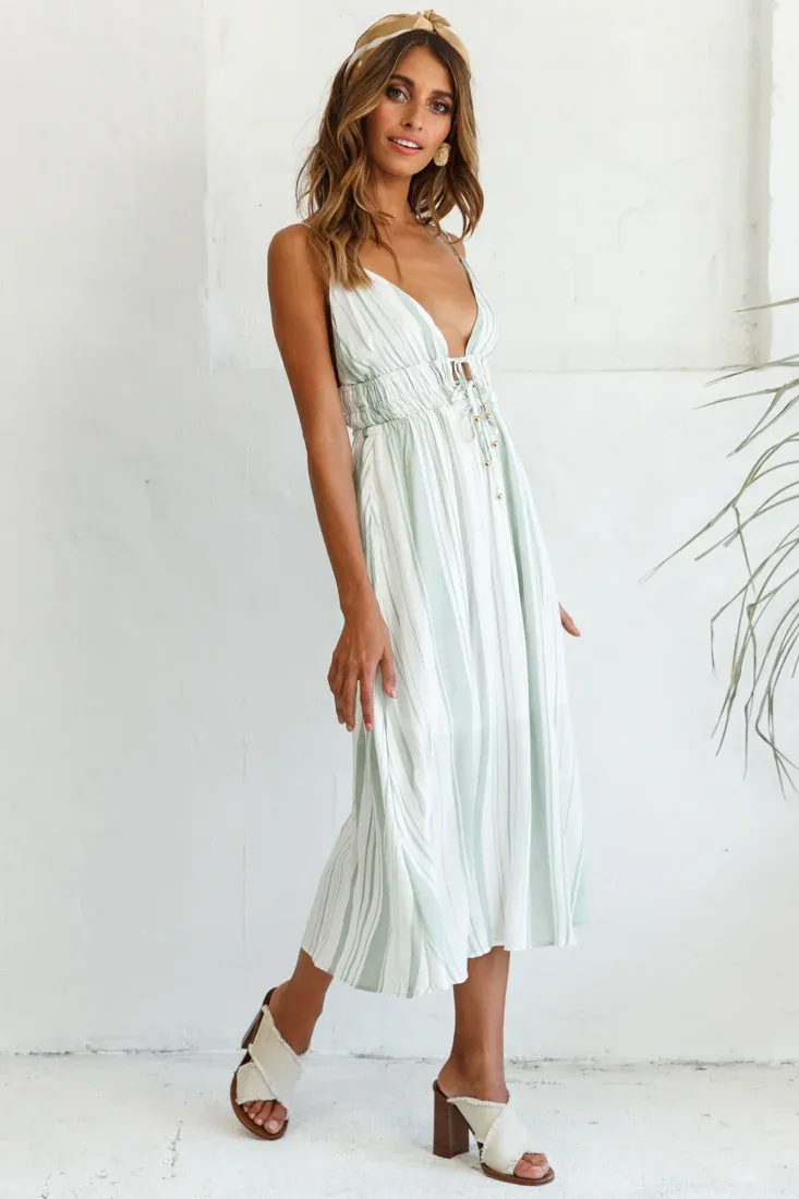 Hosanna Drawstring Detail Pocket Midi Dress Stripe Print Olive