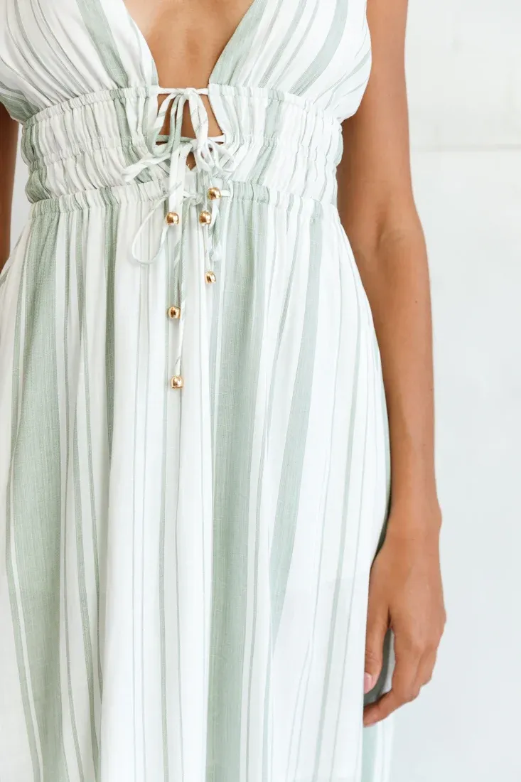 Hosanna Drawstring Detail Pocket Midi Dress Stripe Print Olive