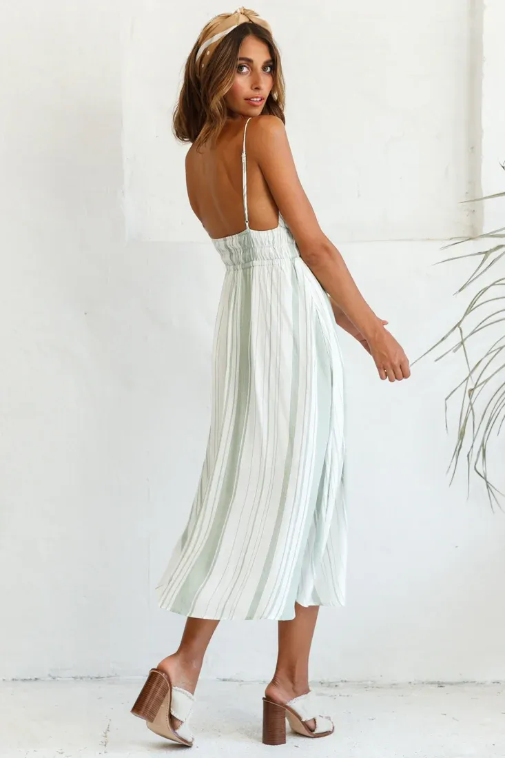 Hosanna Drawstring Detail Pocket Midi Dress Stripe Print Olive