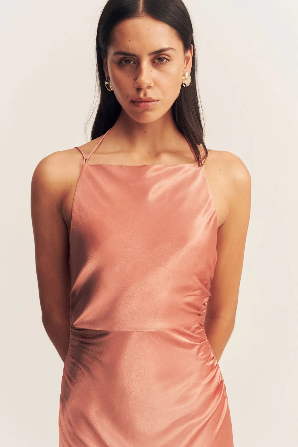 LA LUNE HIGH NECK RUCHED MAXI DRESS - ANTIQUE ROSE