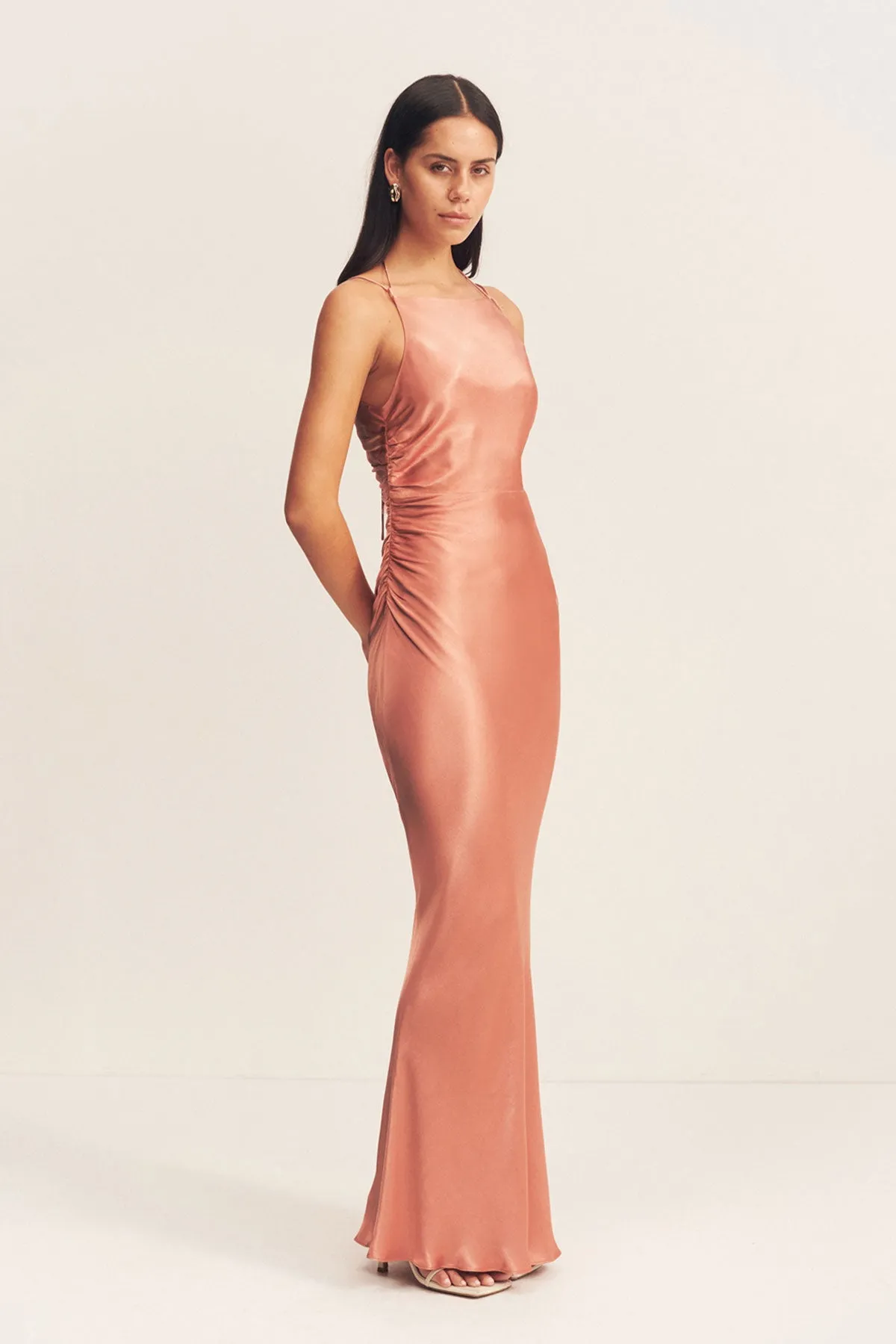 LA LUNE HIGH NECK RUCHED MAXI DRESS - ANTIQUE ROSE