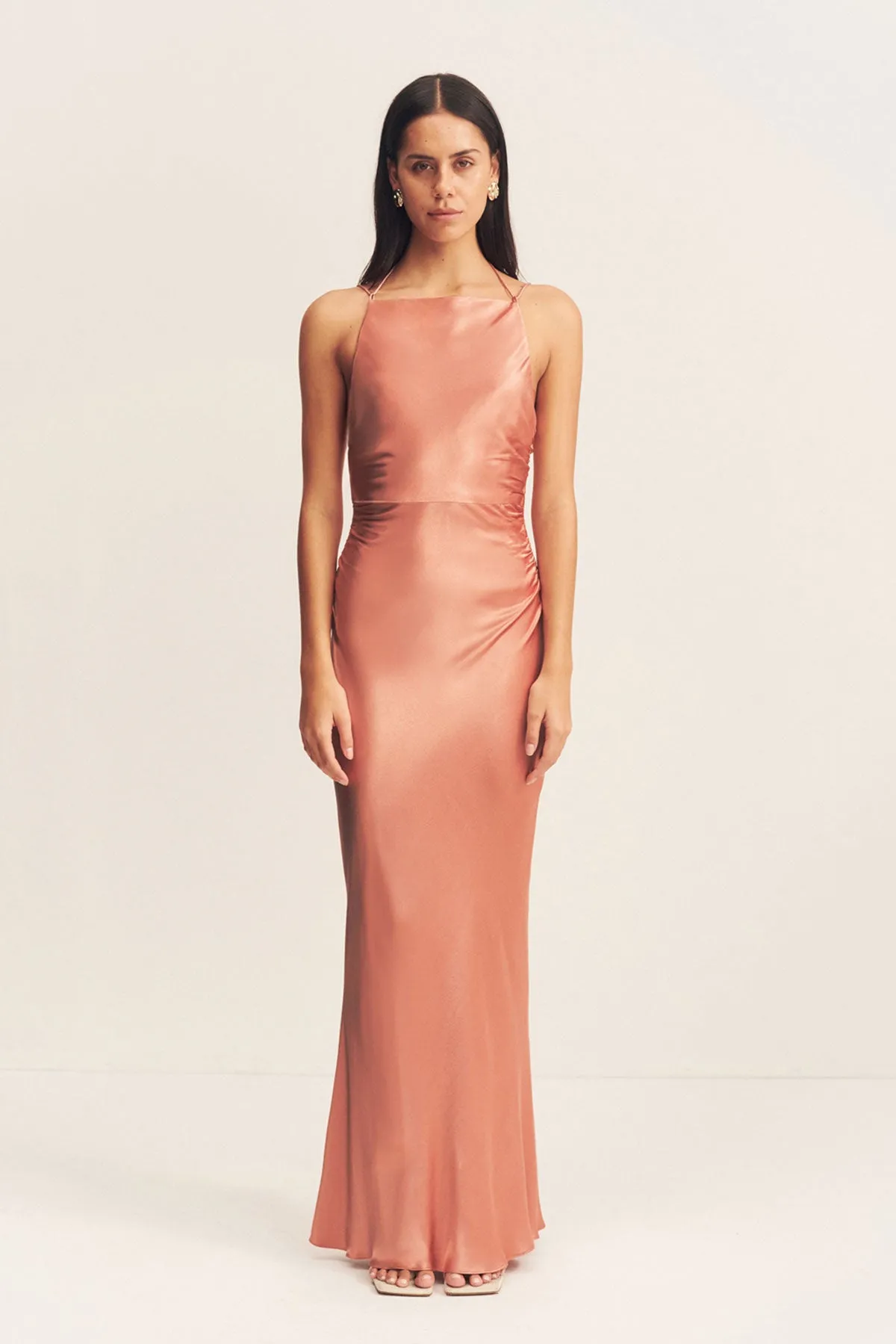 LA LUNE HIGH NECK RUCHED MAXI DRESS - ANTIQUE ROSE