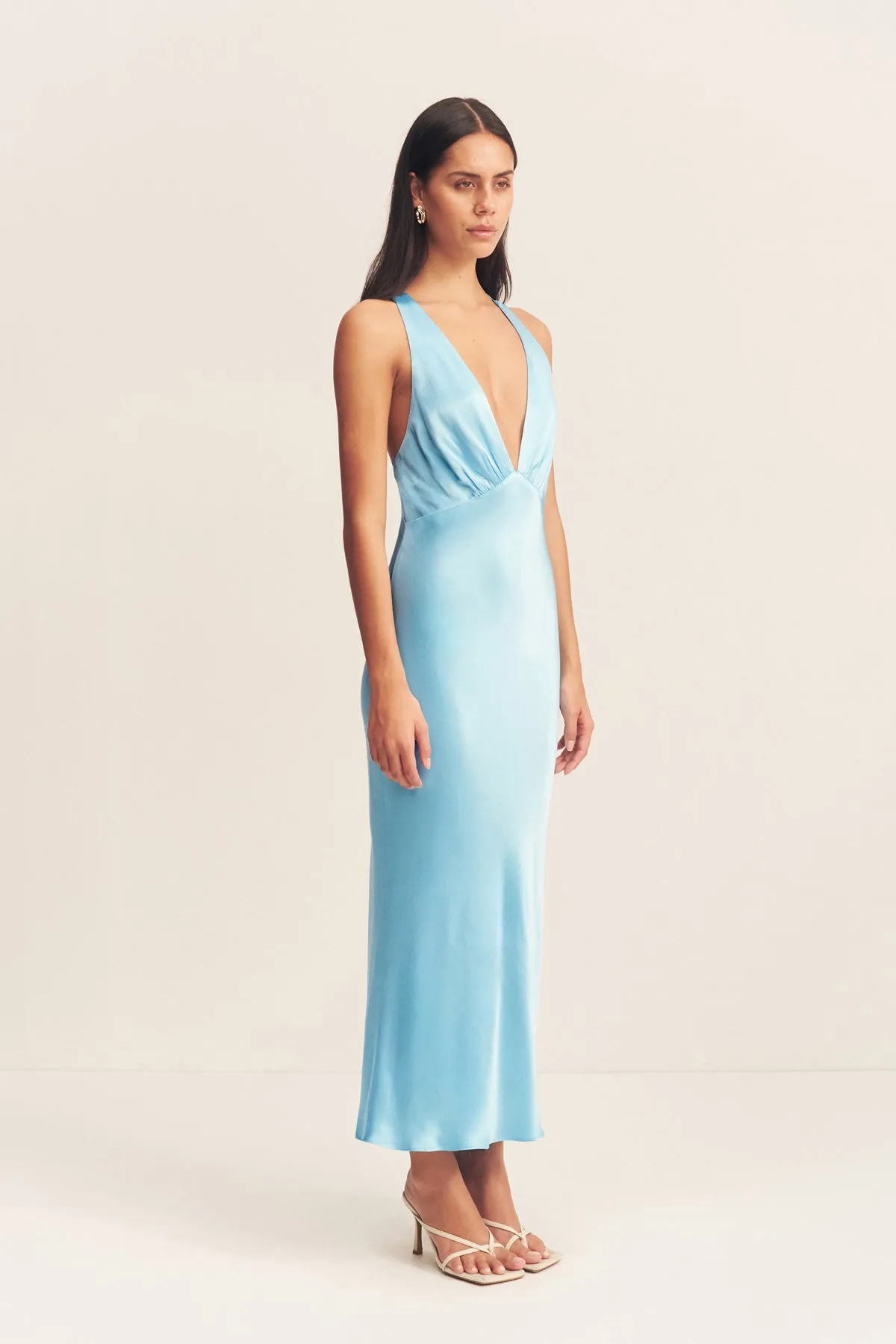 LA LUNE PLUNGED CROSS BACK MIDI DRESS - ICEBERG BLUE