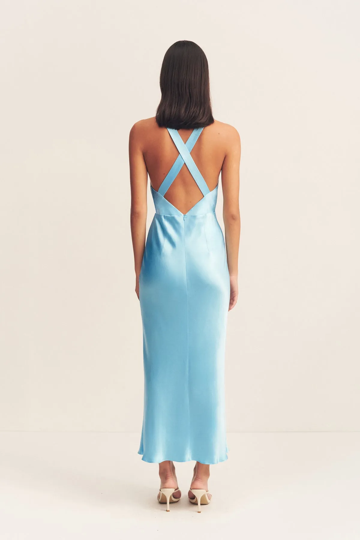 LA LUNE PLUNGED CROSS BACK MIDI DRESS - ICEBERG BLUE