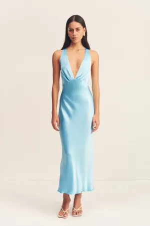 LA LUNE PLUNGED CROSS BACK MIDI DRESS - ICEBERG BLUE