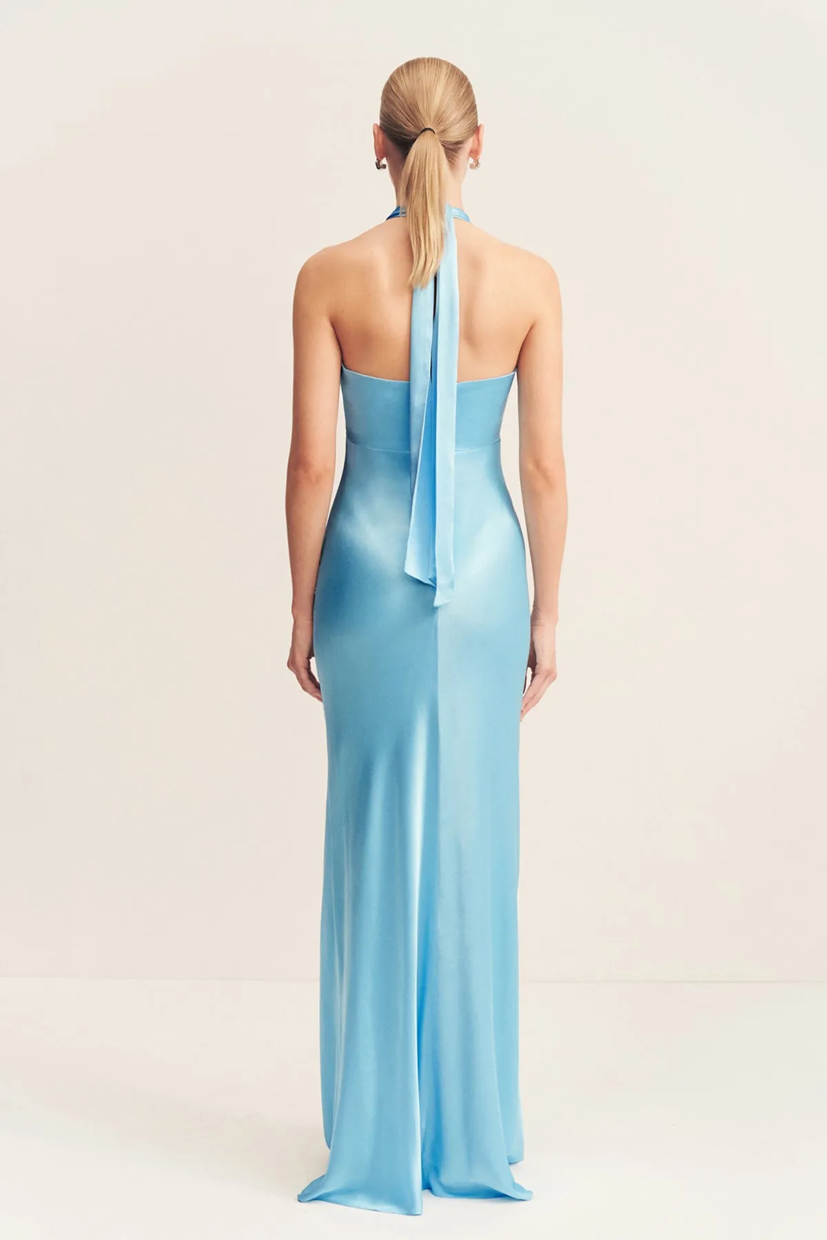 LA LUNE RUCHED HALTER MAXI DRESS - ICEBERG BLUE