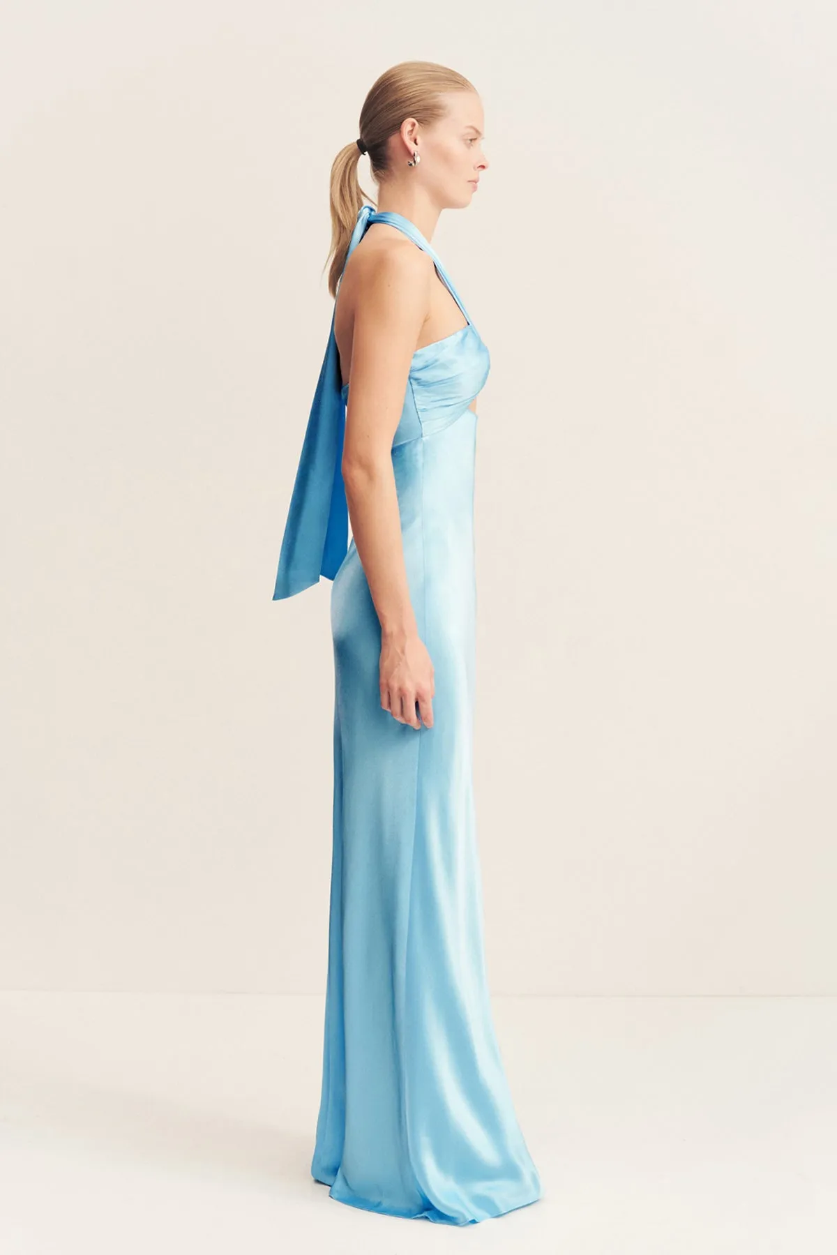 LA LUNE RUCHED HALTER MAXI DRESS - ICEBERG BLUE