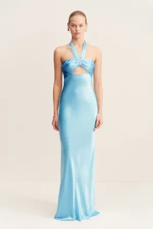 LA LUNE RUCHED HALTER MAXI DRESS - ICEBERG BLUE