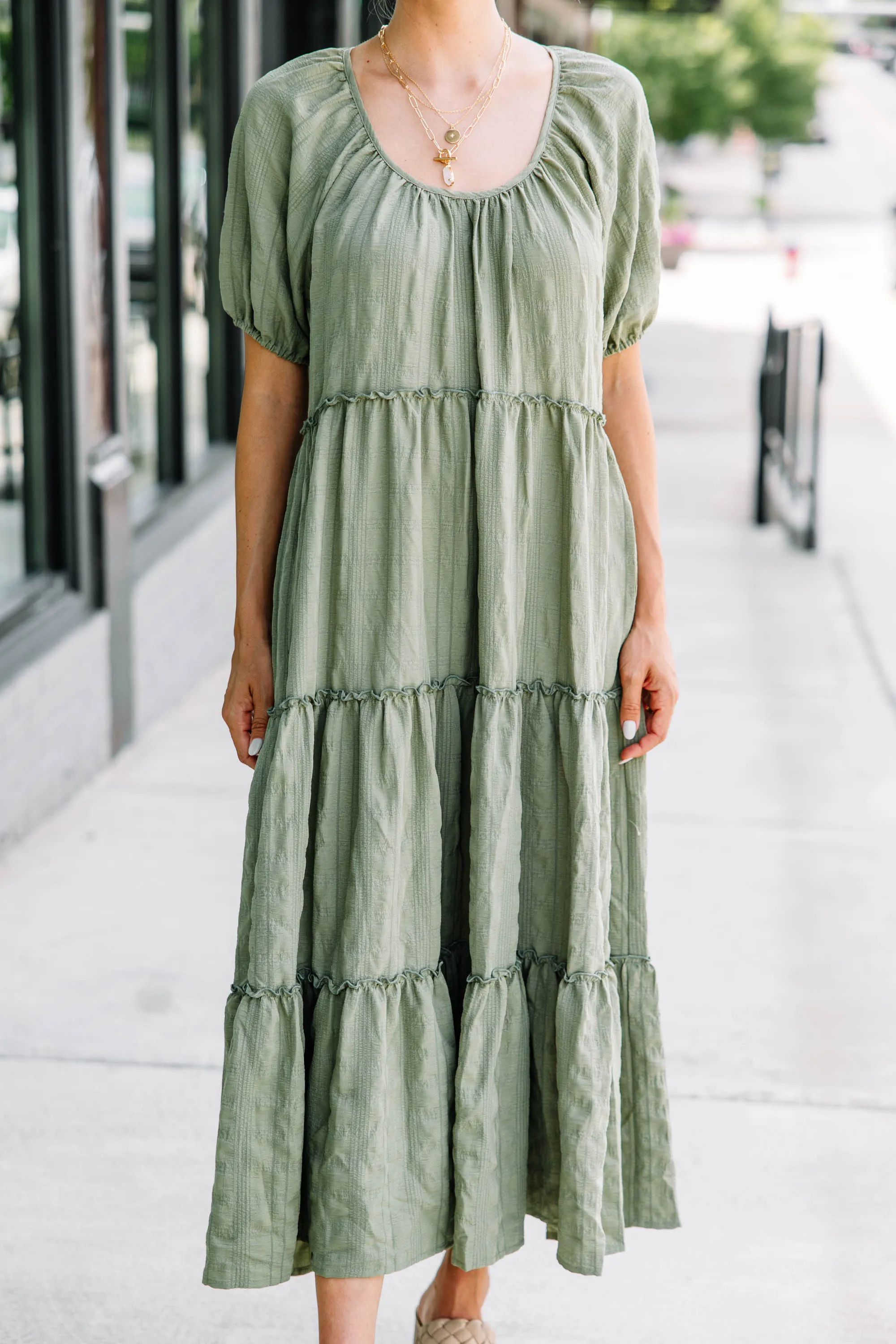 Listen To You Olive Green Tiered Midi Dress