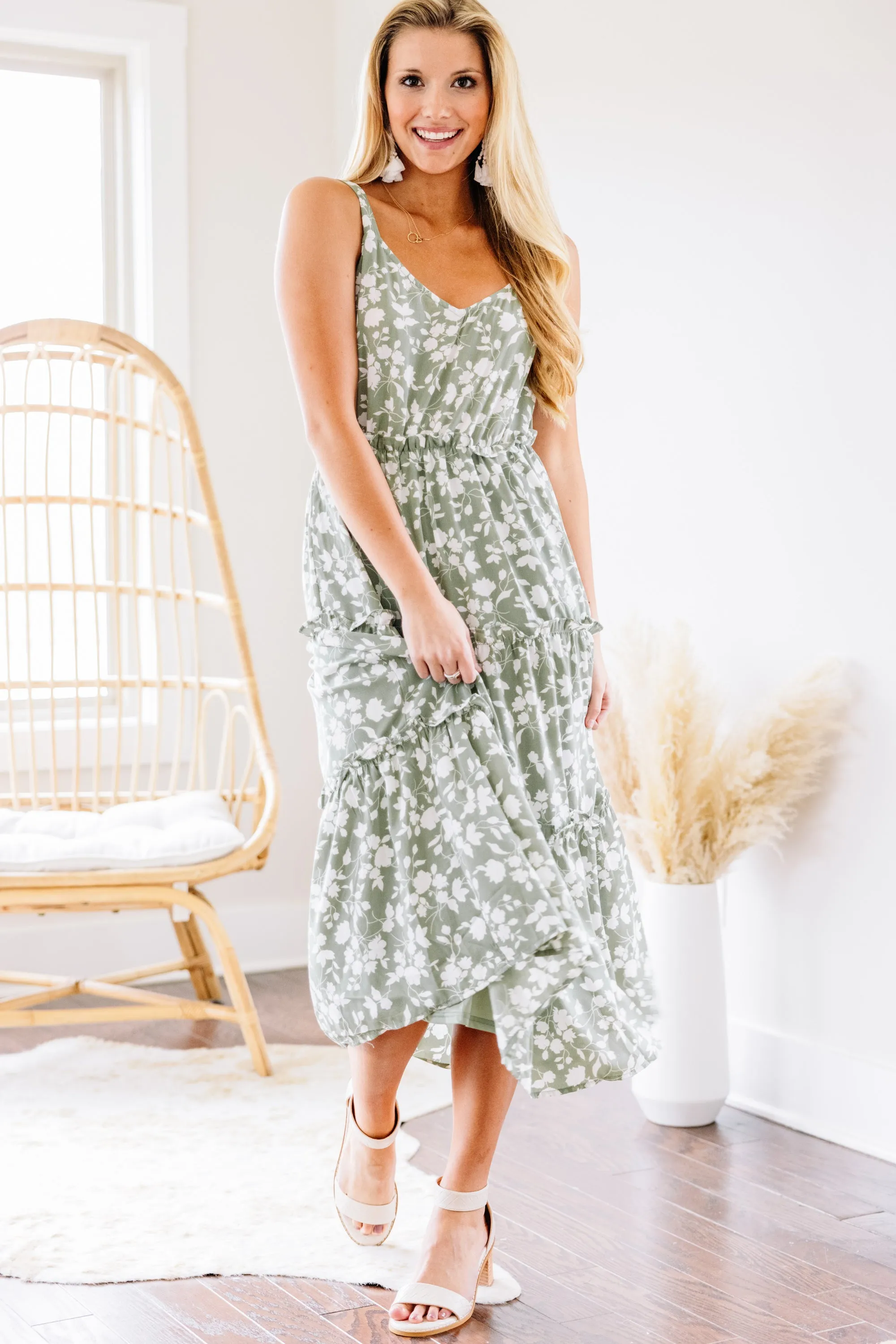Listen To Your Heart Sage Green Ditsy Floral Midi Dress