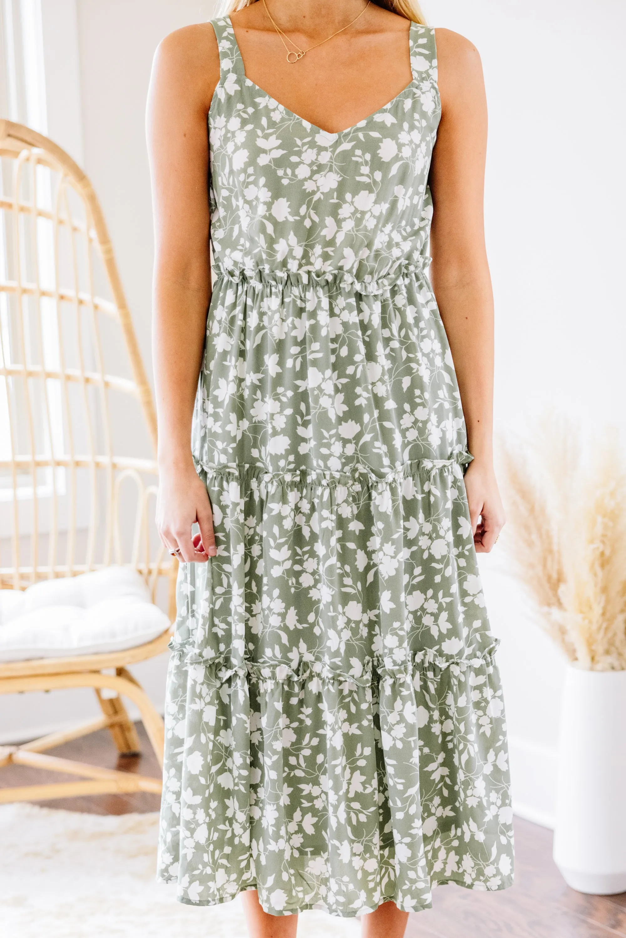 Listen To Your Heart Sage Green Ditsy Floral Midi Dress