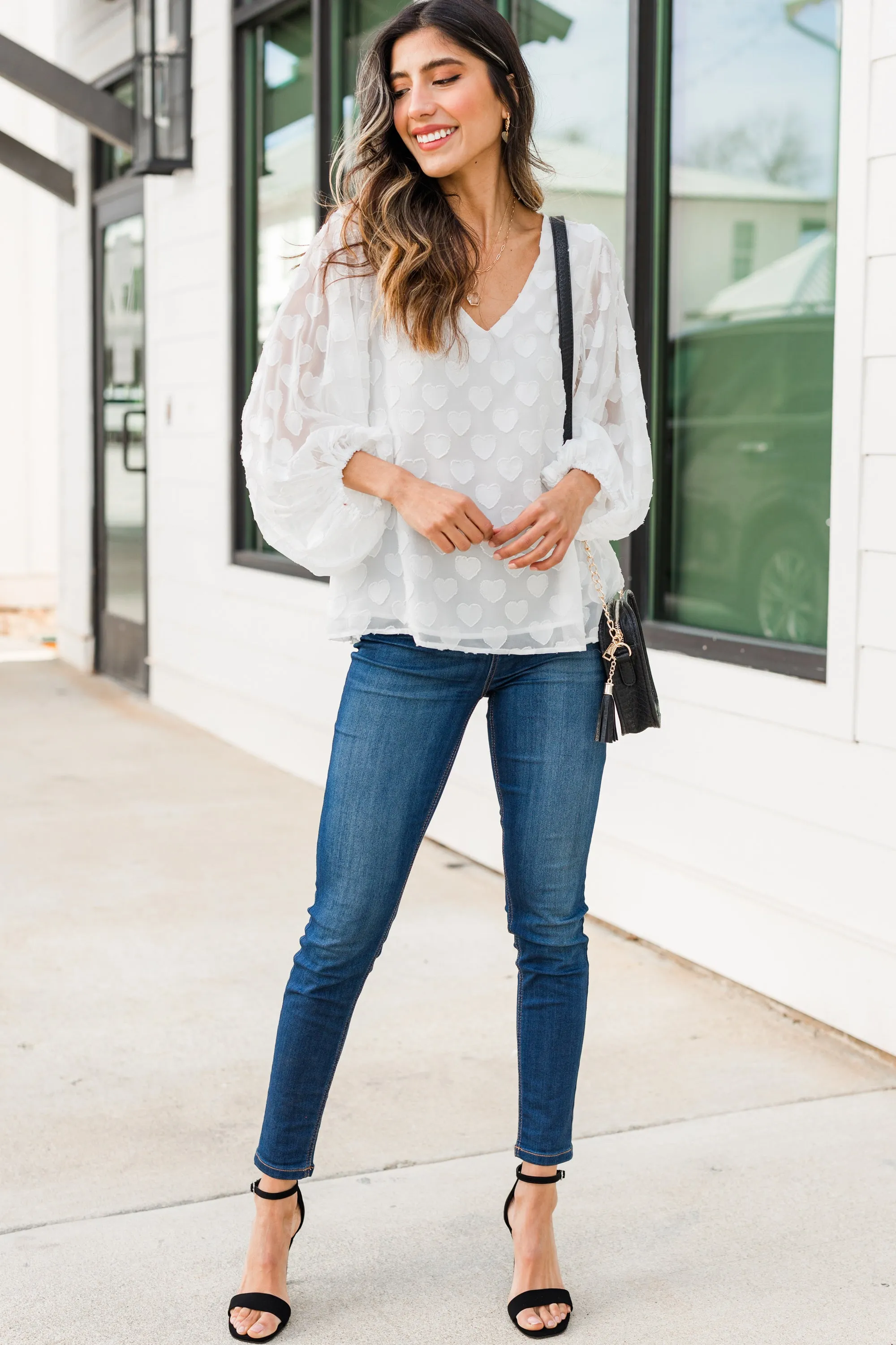 Looks Like Love Off White Textured Heart Blouse