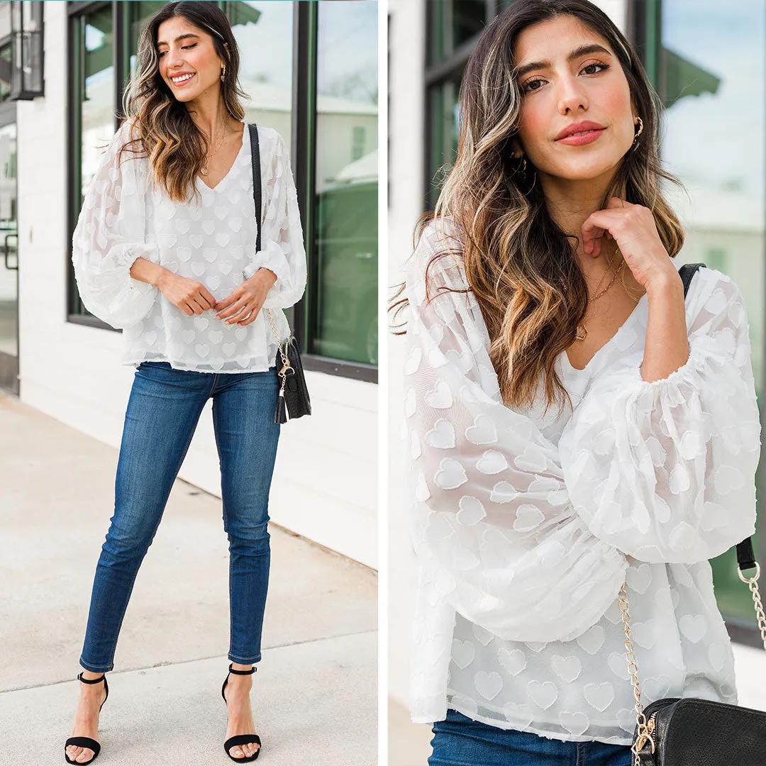 Looks Like Love Off White Textured Heart Blouse