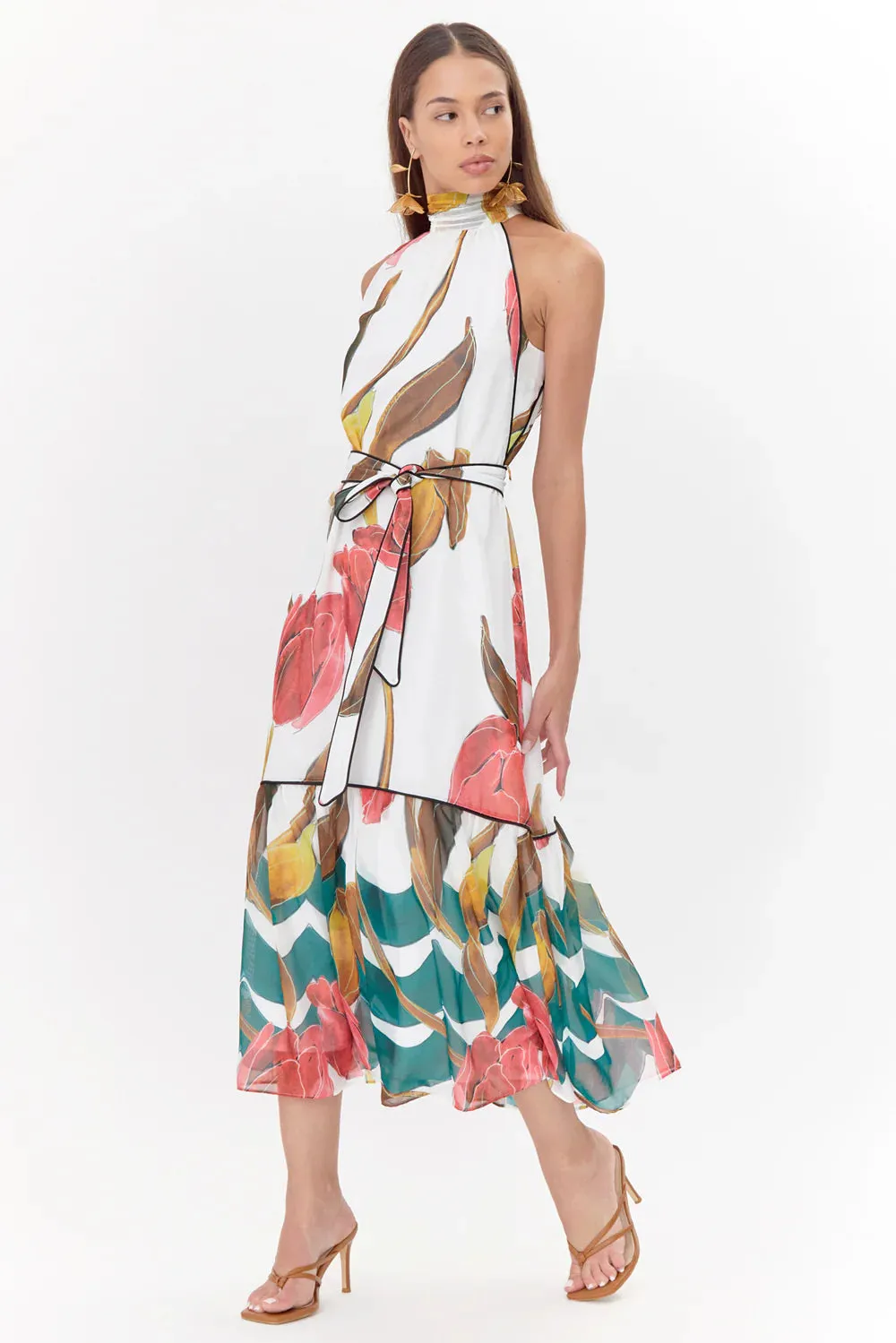 Maisy Neck Tie Printed Tiered Maxi Dress