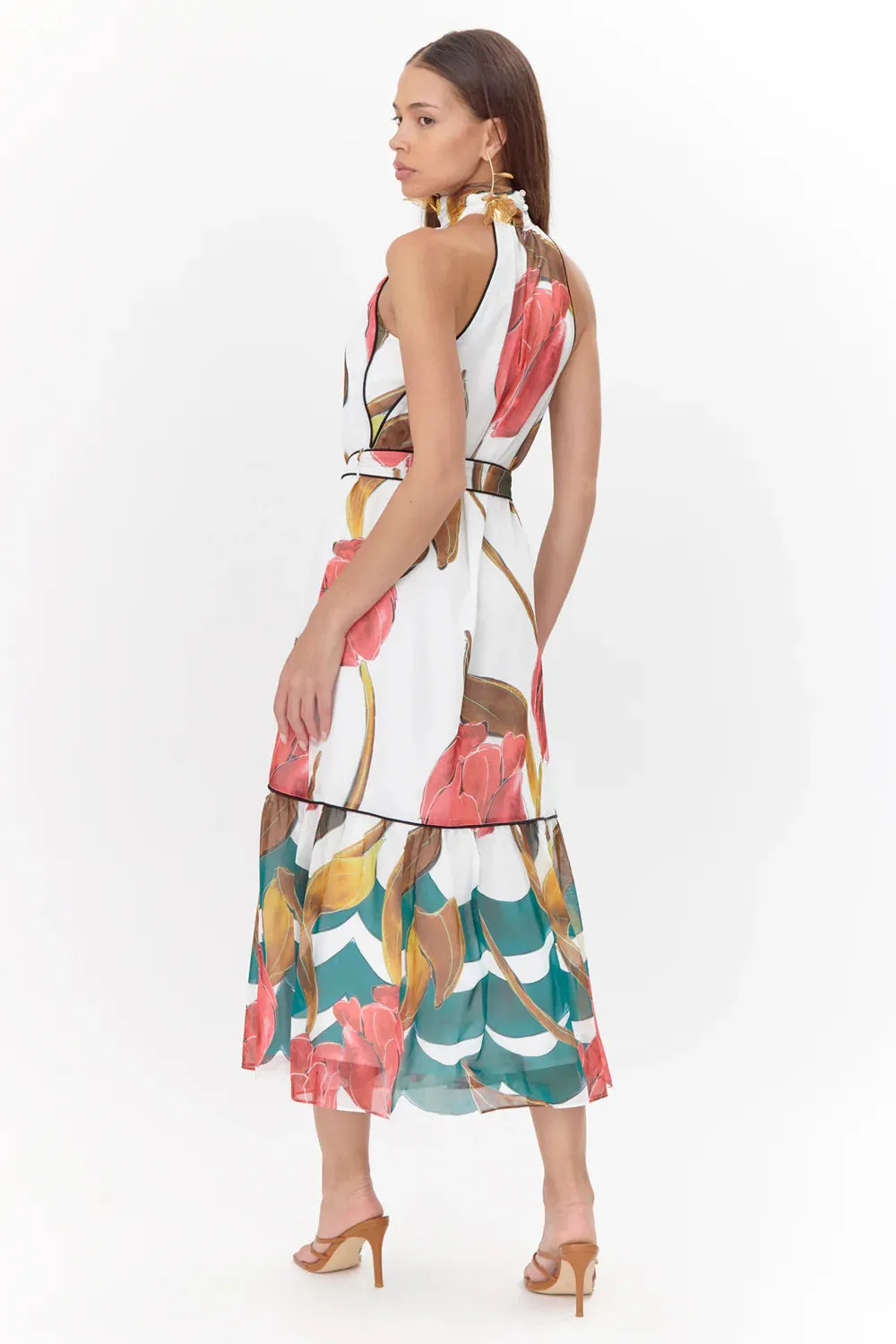 Maisy Neck Tie Printed Tiered Maxi Dress