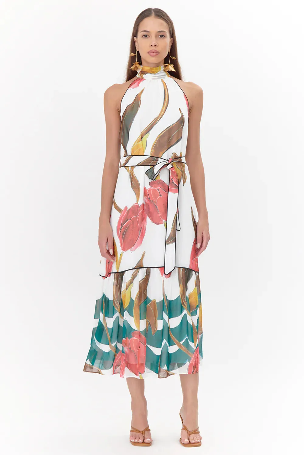 Maisy Neck Tie Printed Tiered Maxi Dress