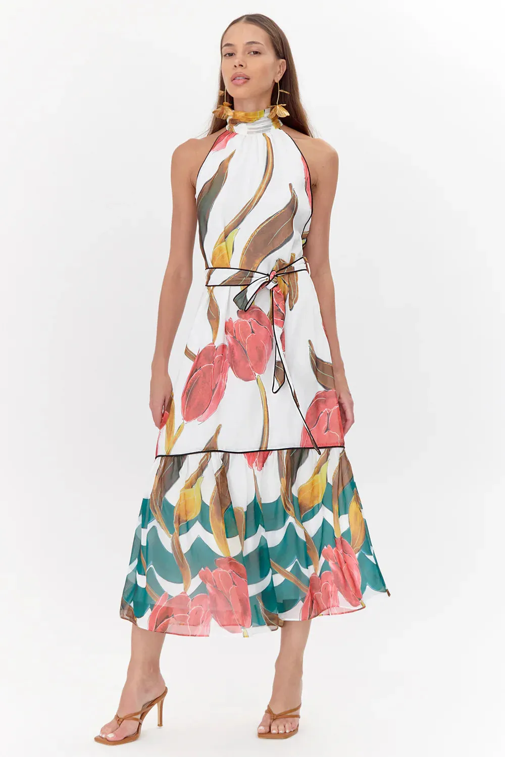 Maisy Neck Tie Printed Tiered Maxi Dress