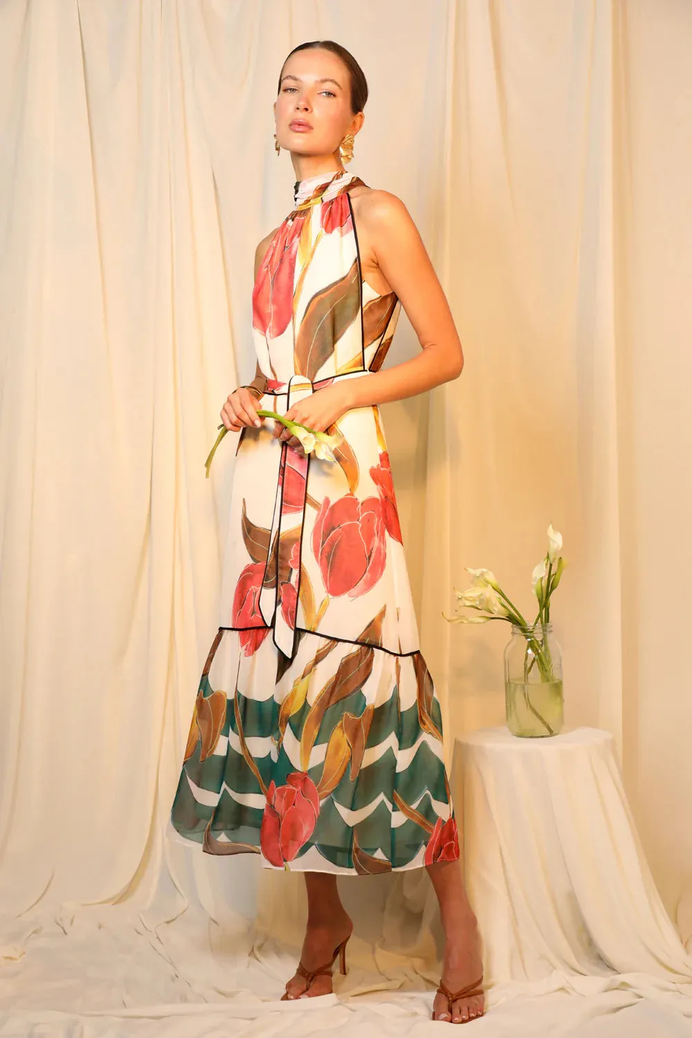 Maisy Neck Tie Printed Tiered Maxi Dress