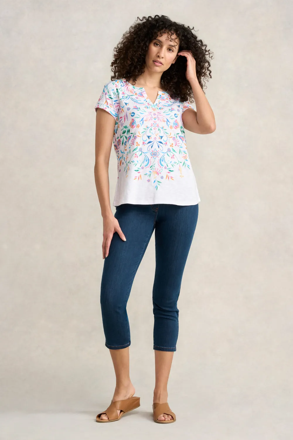 Notch Neck Cotton Tee - Jeanne Border Print