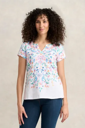Notch Neck Cotton Tee - Jeanne Border Print