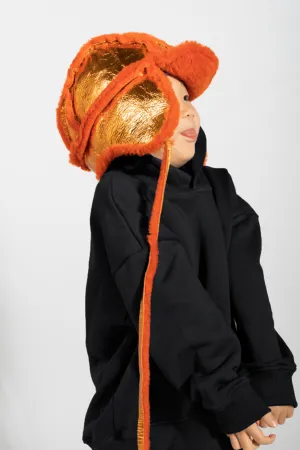 ORANGE SHINY LEATHER EAR COVER HAT