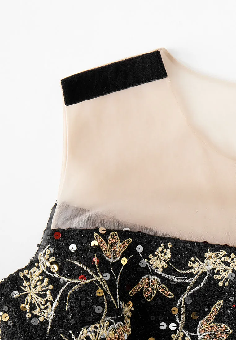 Oriental Paneled Sequin/Embroidery-detail Mesh Dress