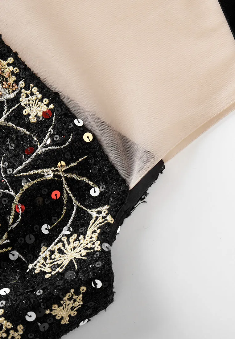 Oriental Paneled Sequin/Embroidery-detail Mesh Dress