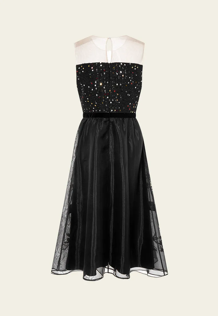 Oriental Paneled Sequin/Embroidery-detail Mesh Dress