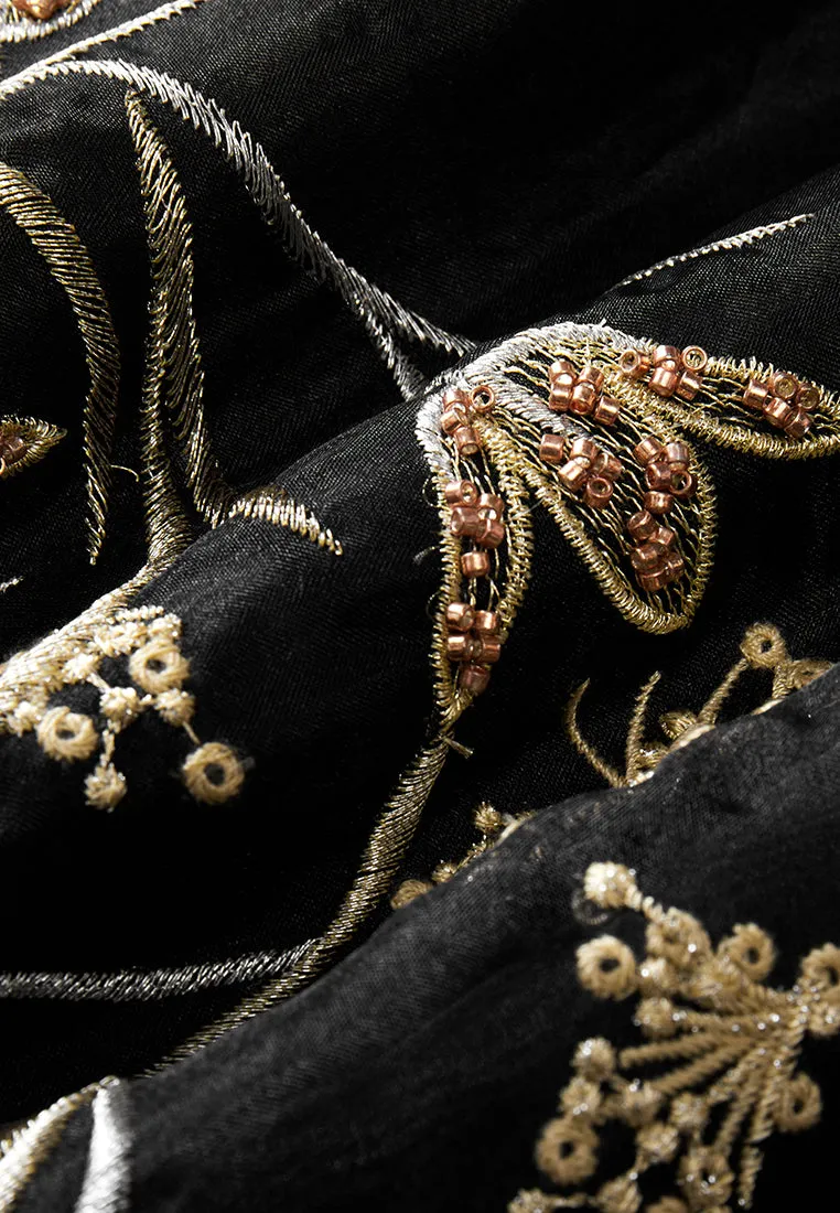 Oriental Paneled Sequin/Embroidery-detail Mesh Dress