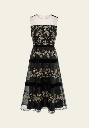 Oriental Paneled Sequin/Embroidery-detail Mesh Dress