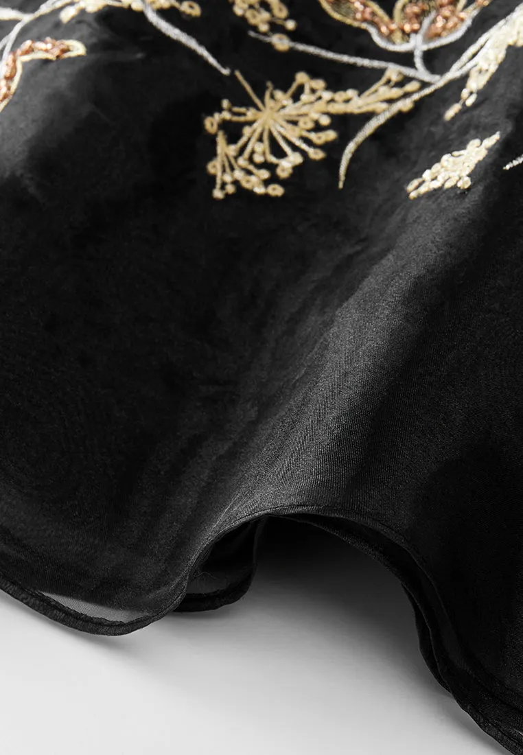 Oriental Paneled Sequin/Embroidery-detail Mesh Dress
